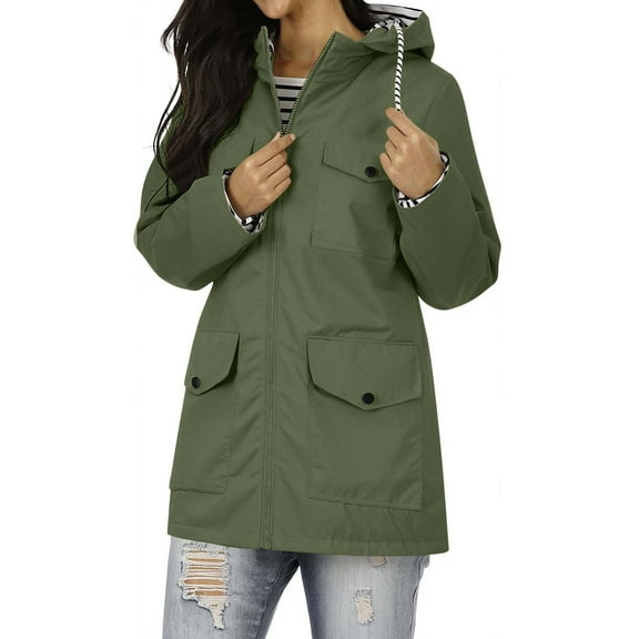 qucoqpe Rain Jacket Women Lightweight Striped Lined Waterproof Active Outdoor Trench Raincoat with Hood Full Zip Long Hooded Windbreaker Travel Jacket