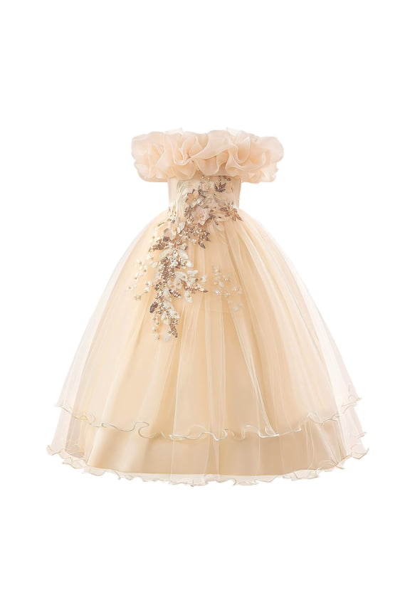 Ruffle Puffy Girls Dresses Pleated Tulles Maxi Ball Evening Gown Tiered Skirt Long Dress Formal Wedding Celebrations Birthday Wear