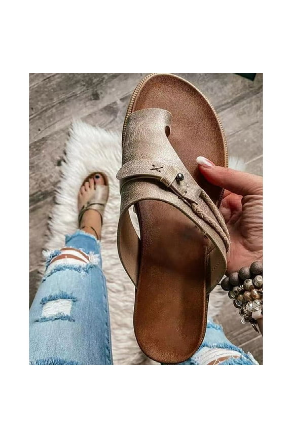 Sandals for Women Comfortable Orthopedic Flat Shoes Toe Ring Slide Flip Flop Slippers Summer Casual Soft Retro Bohemian Thong Sandals Sun Beach Shoes on Clearance