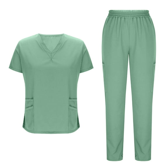qucoqpe Scrub Suit Set for Women Loose Stretch Nurse Uniform Caregiver V-Neck Scrub Top and Drawstring Jogger Pant Sets with Pockets
