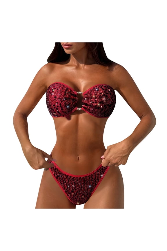 Sequin Bikini Sets for Women Two-piece Bathing Suit Fashion Cute Casual Solid Color Swimsuit