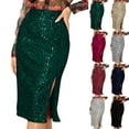 thumbnail image 1 of qucoqpe Sequin Skirt for Women Elastic High Waist Sparkling Velvet Midi Skirt Stretchy Split Hem Party Skirts Green 2XL, 1 of 6