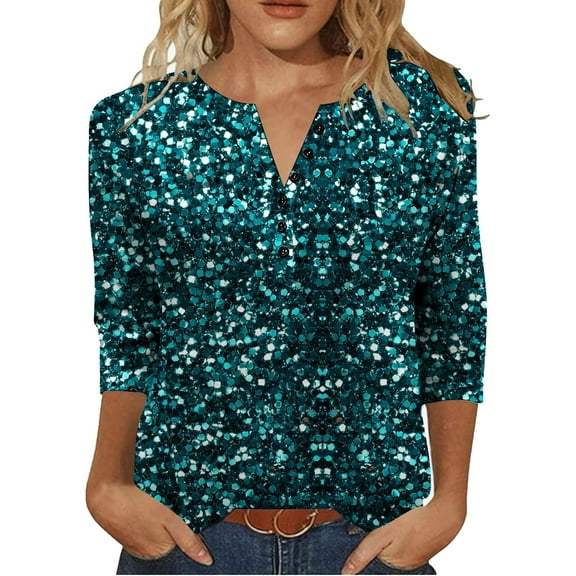qucoqpe Sequin Tops for Women Dressy Casual Loose 3/4 Sleeve Shirts Women's Buttons V Neck Lounge Blouse