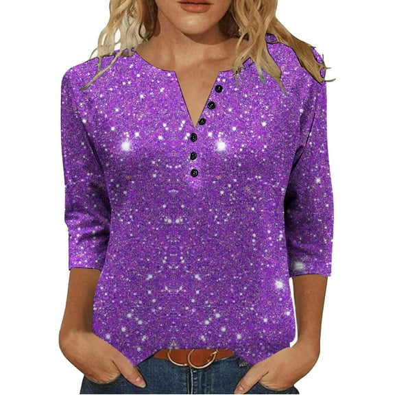 qucoqpe Sequin Tops for Women Dressy Casual Loose 3/4 Sleeve Shirts Women's Buttons V Neck Lounge Blouse