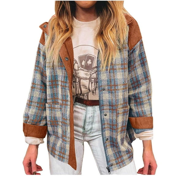 qucoqpe Shackets for Women 2025 Trendy Patchwork Wool Plaid Jacket Oversized Casual Long Sleeve Shirts Fall Winter Button Down Coat Blouses Tops