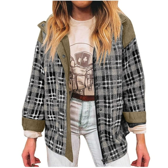 qucoqpe Shackets for Women 2025 Trendy Patchwork Wool Plaid Jacket Oversized Casual Long Sleeve Shirts Fall Winter Button Down Coat Blouses Tops