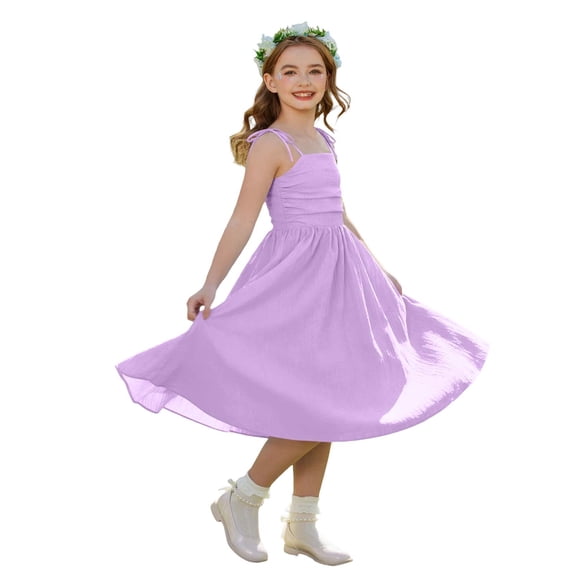qucoqpe Spaghetti Straps Solid Color Dress Pleated Elastic Waist Soft Beach Vacation Casual Spaghetti Straps Dresses for Girls