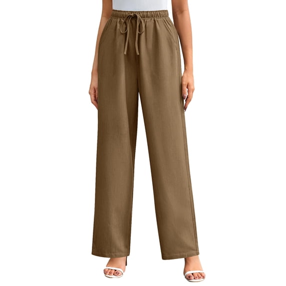 qucoqpe Spring and Fall Casual Cotton Linen Pants for Women Trendy Elastic Waist Drawstring Pockets Flowy Pleated Sports Work Pants Straight Wide Leg Sweatpants Brown XL