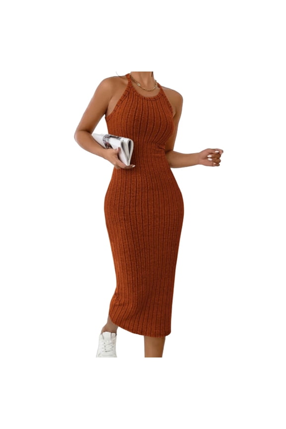 Summer Dress Fashion Slim Halterneck Sleeveless Ribbed Long Dress Casual Bodycon Dress
