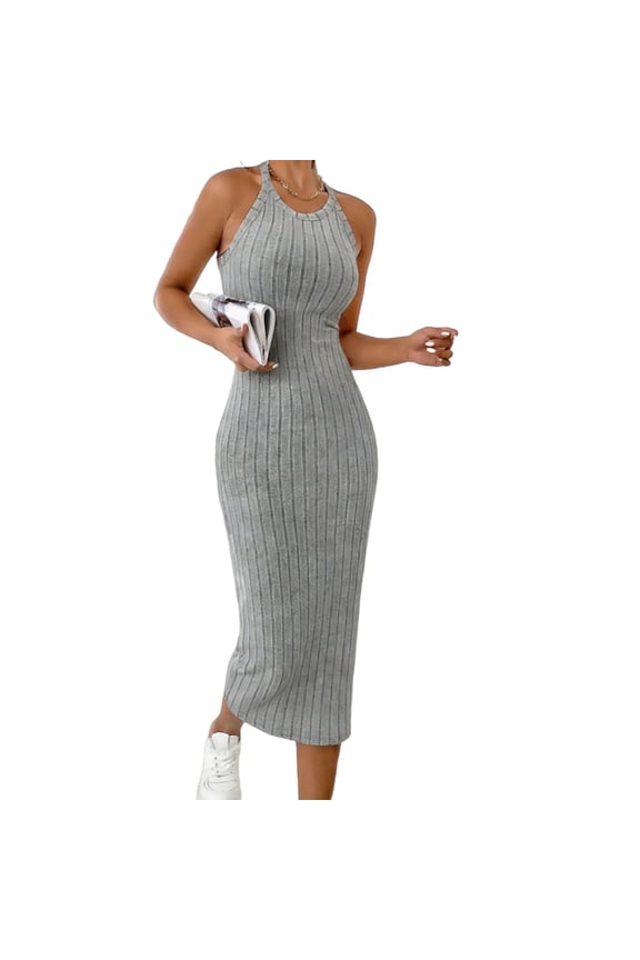 Summer Dress Fashion Slim Halterneck Sleeveless Ribbed Long Dress Casual Bodycon Dress