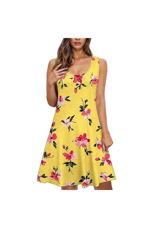 Summer Dress for Women Sleeveless Crew Neck Ruffle Flowy Mini Dress Fashion Casual Floral Print Vacation Beach Sundress