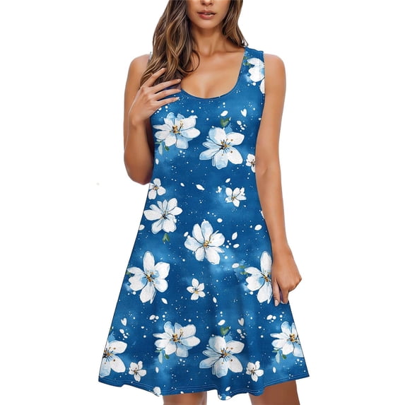 qucoqpe Summer Dress for Women Sleeveless Crew Neck Ruffle Flowy Mini Dress Fashion Casual Floral Print Vacation Beach Sundress