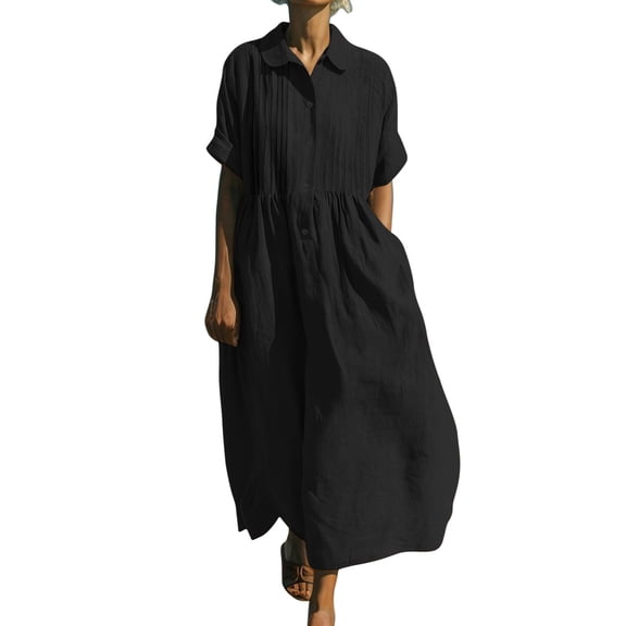 qucoqpe Summer Dresses for Women Fashion Short Sleeve Button-Down Lapel Pleated Flowy Cotton Linen Maxi Dress