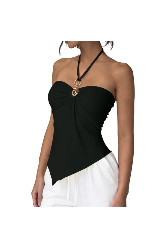 Summer Halter Sleeveless Tops for Women Fashion Casual Loose Fit Backless Asymmetrical Ruched Neck Shirts Trendy Solid Color Blouses
