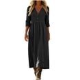 thumbnail image 1 of qucoqpe Summer Linen Dress for Women Fashion Casual Solid Color 3/4 Sleeve Button V Neck Pleated Flowy Long Dress with Pockets, 1 of 5