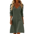 thumbnail image 1 of qucoqpe Summer Linen Midi Dress for Women Fashion Casual Solid Color Long Sleeve V-Neck Sundress Breatheable Beach Vacation Dress, 1 of 6