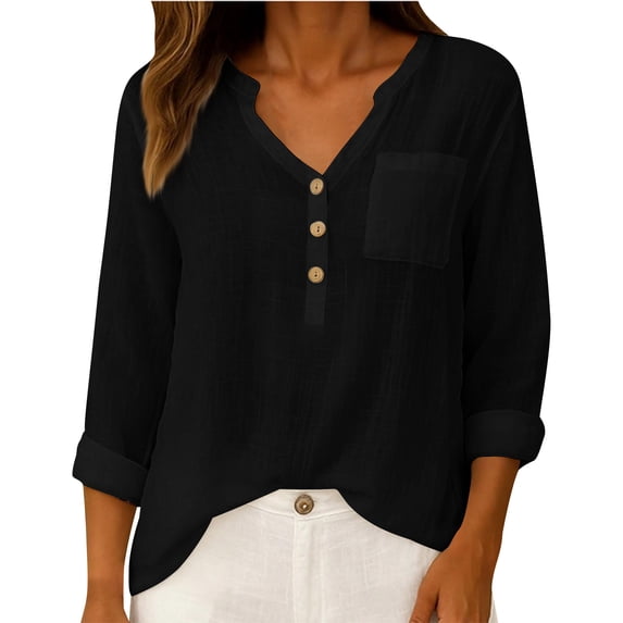 qucoqpe Summer Linen Tops for Women Fashion Casual Solid Color V Neck Button 3/4 Sleeve Blouses Loose Pleated Shirts with Pocket