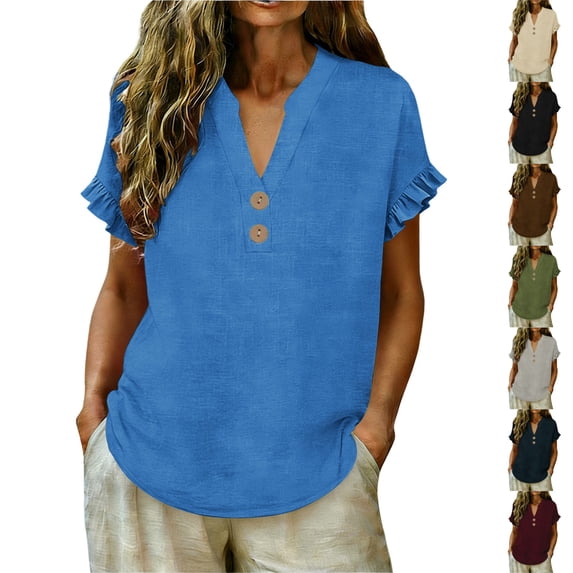 qucoqpe Summer Linen Tunic Tops for Women Fashion Casual Solid Color Button Up V Neck Short Sleeve Blouses Trendy Loose Office Shirts