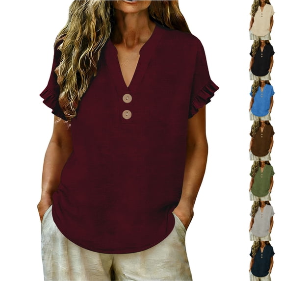 qucoqpe Summer Linen Tunic Tops for Women Fashion Casual Solid Color Button Up V Neck Short Sleeve Blouses Trendy Loose Office Shirts
