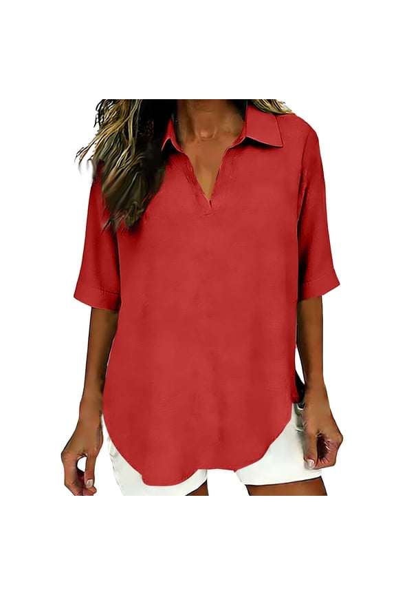 Summer Linen Tunic Tops for Women Fashion Casual Solid Color Shirts Short Sleeve Pleated V Neck Tee Loose Fit Curved Hem Blouses