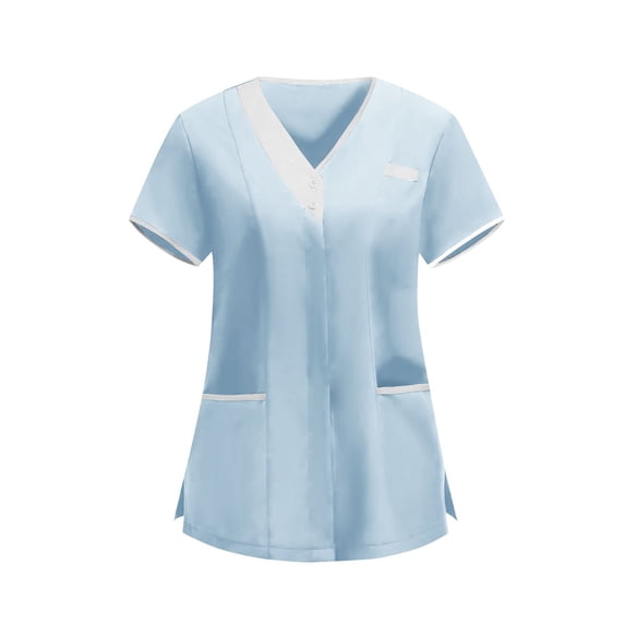 qucoqpe Summer Scrub Tops for Women Loose Colorblock Button Wrap V-Neck Short Sleeve Workwear Stretchy Uniform Shirt with Pockets