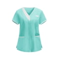 thumbnail image 1 of qucoqpe Summer Scrub Tops for Women Loose Colorblock Button Wrap V-Neck Short Sleeve Workwear Stretchy Uniform Shirt with Pockets, 1 of 6