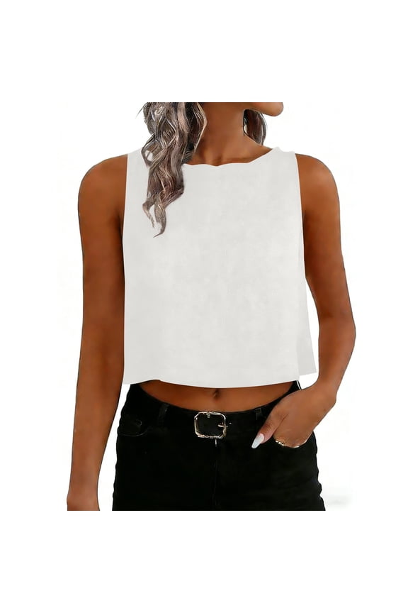 Summer Tank Crop Tops for Women Fashion Casual Scalloped Crew Neck Sleeveless Blouses Trendy Solid Color Shirts