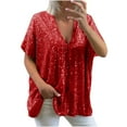thumbnail image 1 of qucoqpe Summer Tops for Women Fashion Casual Loose Fit Sequin V Neck Shirts Short Sleeve Glittering Blouses, 1 of 5
