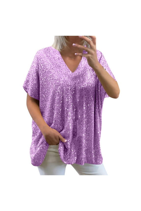 Summer Tops for Women Fashion Casual Loose Fit Sequin V Neck Shirts Short Sleeve Glittering Blouses