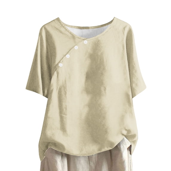 qucoqpe Summer Tops for Women Fashion Casual Solid Color Button Down Crewneck Short Sleeve Blouses Trendy Loose Fitted Shirts