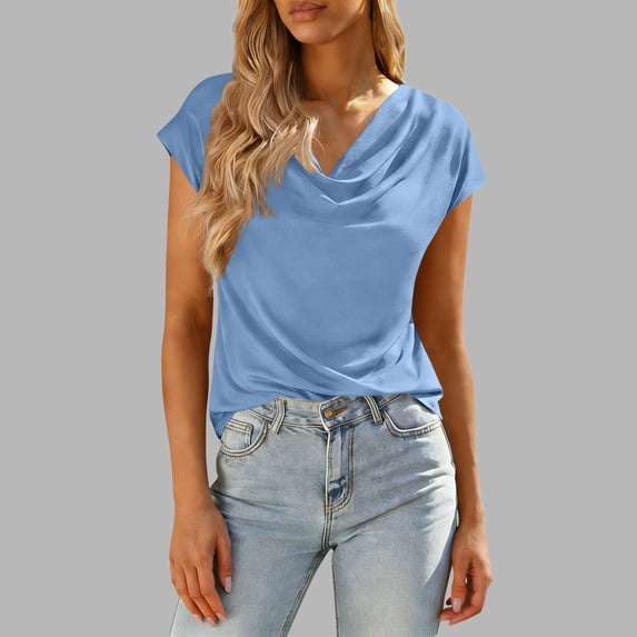 qucoqpe Summer Tops for Women Fashion Casual Solid Color Cowl Neck Short Sleeve T-shirts Blouses Dressy Business Tee