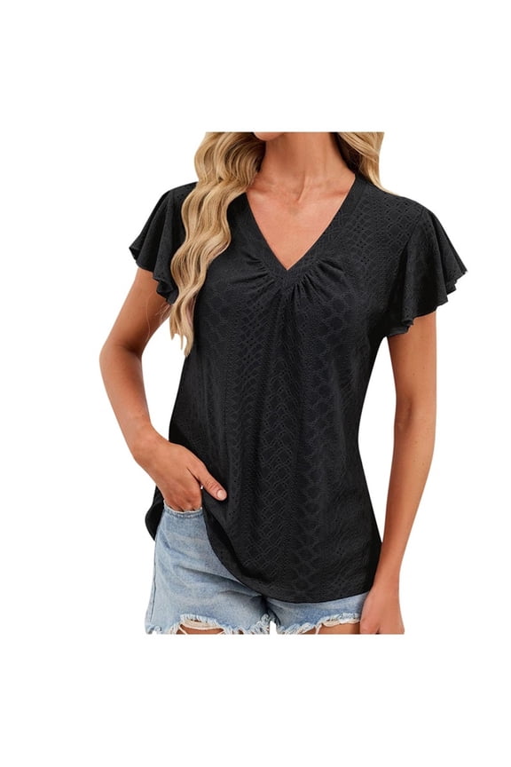 Summer Tops for Women Fashion Casual Solid Color Pleated V Neck Ruffle Short Sleeve T-shirts Trendy Loose Hollow Out Blouses
