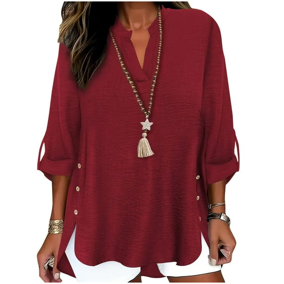 qucoqpe Summer Tops for Women Lightweight V Neck 3/4 Sleeve Side Button Shirts Casual Solid Basic Blouse Tee
