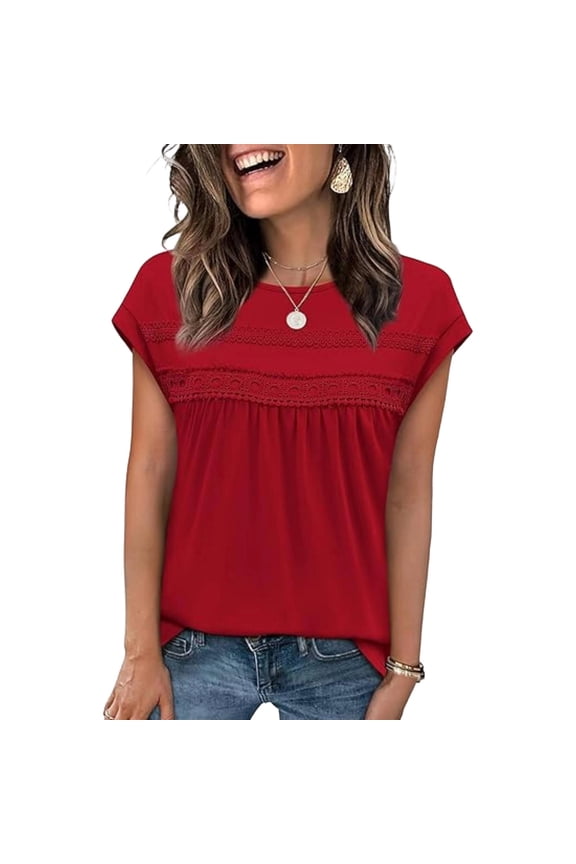 Summer Tops for Women Trendy Short Sleeve Crewneck Pleated Flowy Dressy Tunic Blouses
