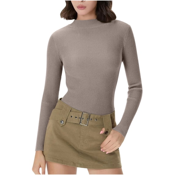 qucoqpe Sweaters for Women Fashion Warm Ribbed Knit Top Long Sleeve Fitted Thermal Stretch Shirt Layering Base Layer