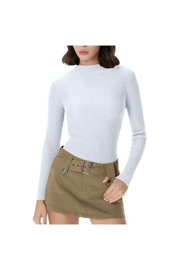 Sweaters for Women Fashion Warm Ribbed Knit Top Long Sleeve Fitted Thermal Stretch Shirt Layering Base Layer