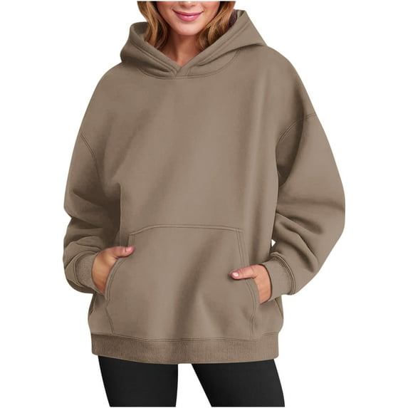 qucoqpe Sweatshirt for Women Casual Long Sleeve Fleece Hoodies Teen Girls Oversized Crewneck Sweatshirt Solid Color Pullover Sweaters Tops