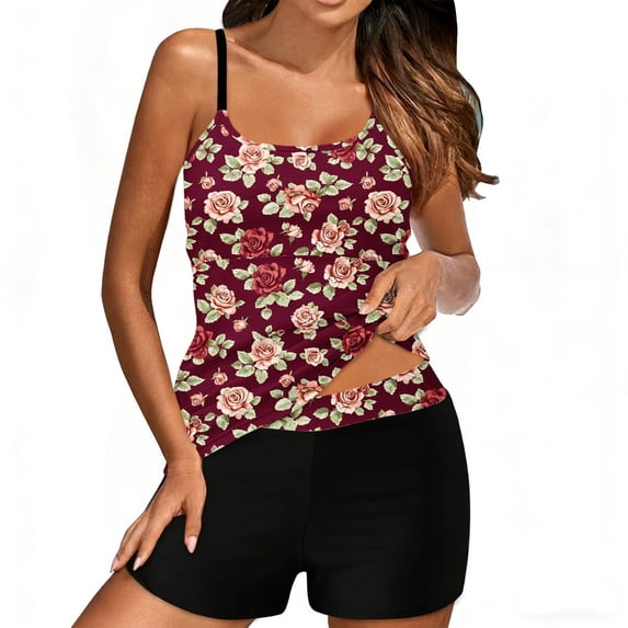 qucoqpe Tankini Swimsuits for Women Fashion Floral Print Backless Spaghetti Strap Two Piece Modest Bathing Suits Summer Beach Swimwear with Shorts