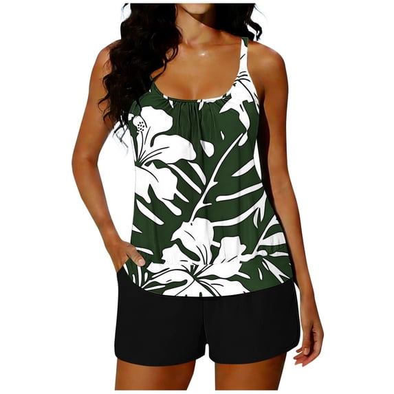 qucoqpe Tankini Swimsuits for Women Fashion Floral Print Tummy Control Two-Piece Modest Bathing Suits Beach Blouson Swimwear & Boyshorts with Pockets