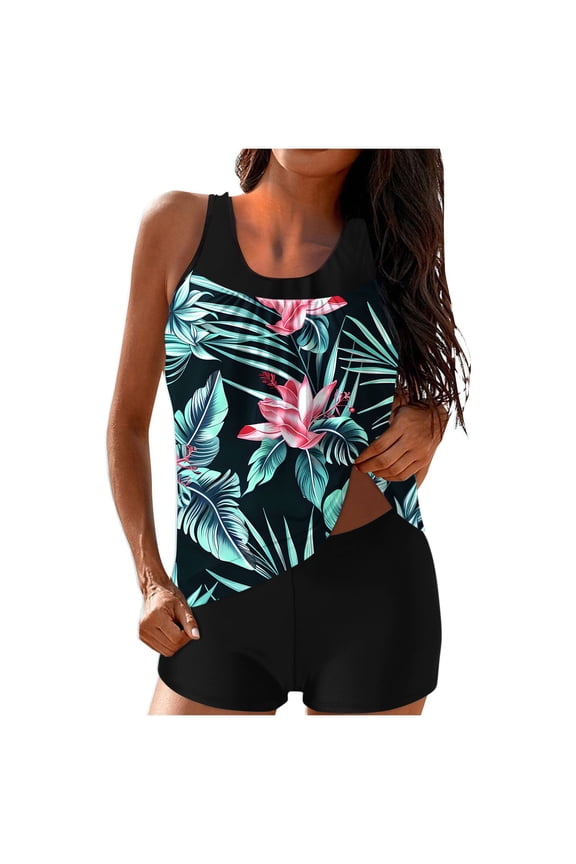 Tankini Swimsuits for Women Loose Fit Floral Print Two Piece Modest Bathing Suits Blouson Tankini Tops with Boyshorts