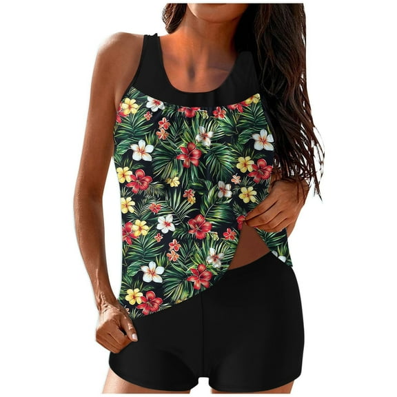 qucoqpe Tankini Swimsuits for Women Loose Fit Floral Print Two Piece Modest Bathing Suits Blouson Tankini Tops with Boyshorts