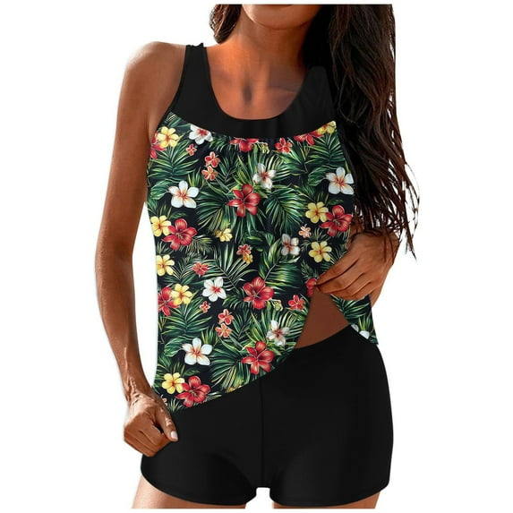 qucoqpe Tankini Swimsuits for Women Loose Fit Floral Print Two Piece Modest Bathing Suits Blouson Tankini Tops with Boyshorts
