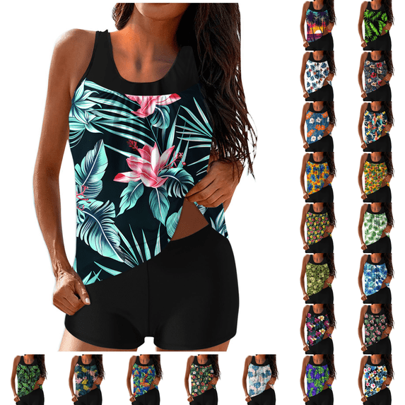 qucoqpe Tankini Swimsuits for Women Loose Fit Floral Print Two Piece Modest Bathing Suits Blouson Tankini Tops with Boyshorts