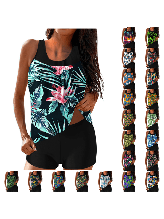 Tankini Swimsuits for Women Loose Fit Floral Print Two Piece Modest Bathing Suits Blouson Tankini Tops with Boyshorts