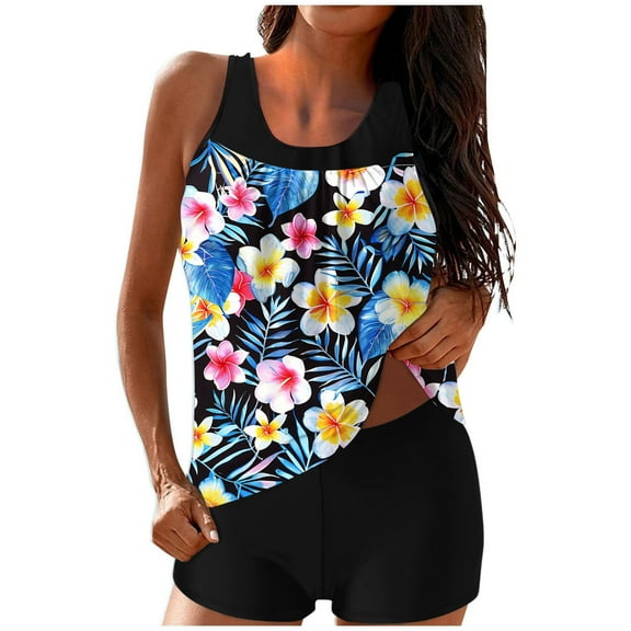 qucoqpe Tankini Swimsuits for Women Loose Fit Floral Print Two Piece Modest Bathing Suits Blouson Tankini Tops with Boyshorts