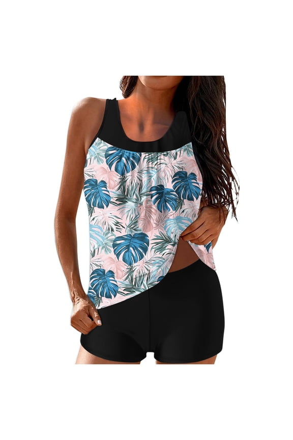 Tankini Swimsuits for Women Loose Fit Floral Print Two Piece Modest Bathing Suits Blouson Tankini Tops with Boyshorts