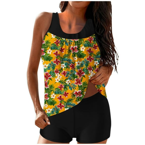 qucoqpe Tankini Swimsuits for Women Loose Fit Floral Print Two Piece Modest Bathing Suits Blouson Tankini Tops with Boyshorts
