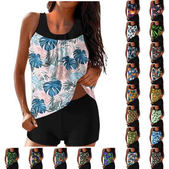 qucoqpe Tankini Swimsuits for Women Loose Fit Floral Print Two Piece Modest Bathing Suits Blouson Tankini Tops with Boyshorts