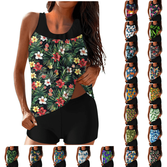 qucoqpe Tankini Swimsuits for Women Loose Fit Floral Print Two Piece Modest Bathing Suits Blouson Tankini Tops with Boyshorts