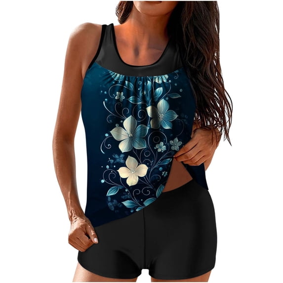 qucoqpe Tankini Swimsuits for Women Two Piece Bathing Suits Floral Print Blouson Tank Top with Boyshorts Modest Swimsuits